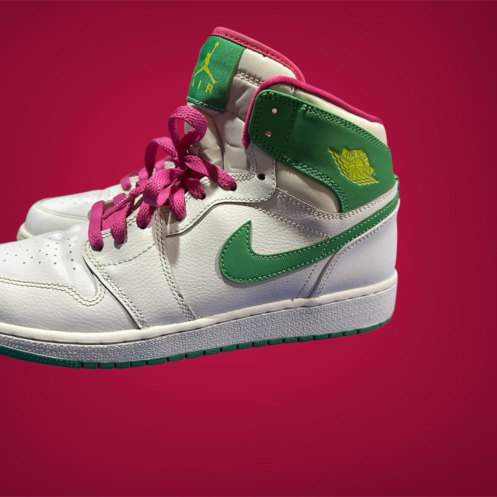 Nike Air Jordan White and Green Sneakers with Pink Accents